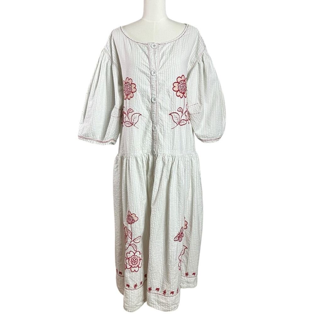 Free People Embroidered Cottage Bohemian Seersucker Saugatuck Midi Dress Medium - Picture 5 of 13